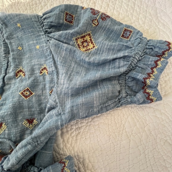 Free People Tallulah Embroidered Crop Peasant Top Blouse Blue M - Picture 6 of 11